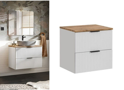 B&Q -  Wall Hung Vanity Unit White Bathroom Cabinet With Drawers 600mm Oak Countertop Worktop Ribbed Fluted Adel