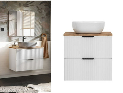 B&Q -  Bathroom Vanity Sink Unit 600mm Countertop Wall Cabinet Ribbed Fluted White Drawers Oak Effect Worktop Adel