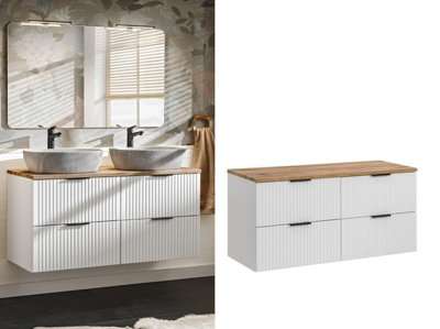 B&Q -  White Double Vanity Unit With Drawers 1200mm Oak Countertop Wall Hung Bathroom Cabinets Ribbed Fluted Floating Adel