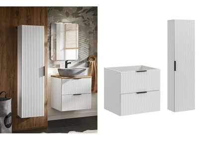 B&Q -  Bathroom Cabinets 600mm Vanity Unit With Tallboy Tall Wall Storage White Ribbed Fluted Furniture Set Adel