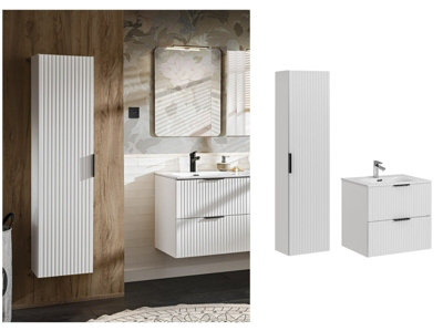 B&Q -  Bathroom Cabinets 600mm Vanity Unit With Sink Tallboy Wall Storage White Ribbed Fluted Milled Furniture Set Adel
