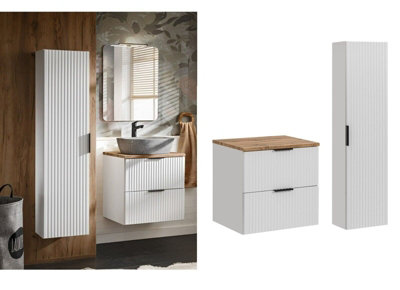 B&Q -  Bathroom Cabinets 600mm Vanity Unit With Worktop Tallboy Tall Wall Storage White Ribbed Fluted Furniture Set Adel
