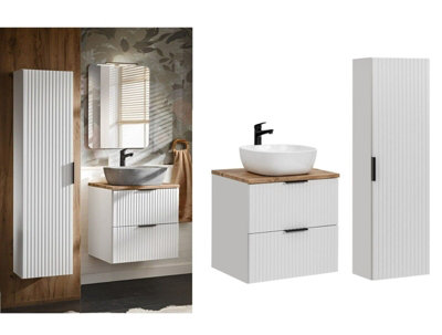 B&Q -  Bathroom Cabinets 600mm Vanity Unit With Sink Oak Effect Worktop Tallboy Wall Storage White Ribbed Fluted Furniture Set Adel