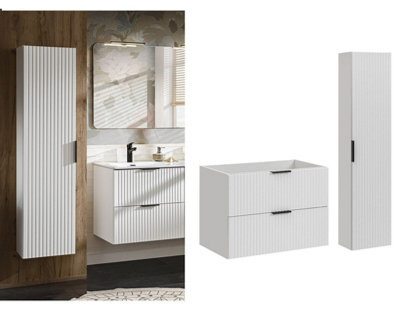 B&Q -  Bathroom Cabinets 800mm Vanity Unit With Tallboy Wall Storage Cabinet White Ribbed Fluted Furniture Set Adel