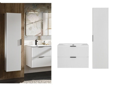B&Q -  Bathroom Cabinets 800mm Vanity Unit With Sink Tallboy Storage Cabinet White Ribbed Fluted Furniture Set Adel