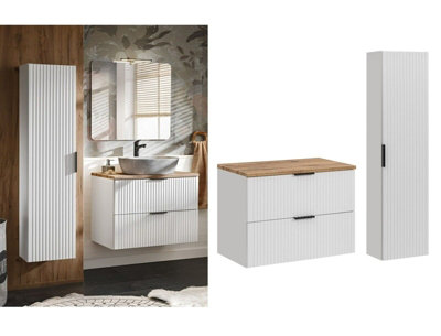 B&Q -  Bathroom Cabinets 800mm Vanity Unit With Oak Effect Worktop Tallboy Wall Storage White Ribbed Fluted Furniture Set Adel