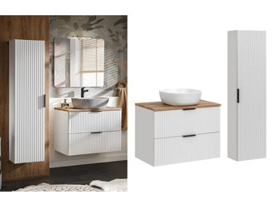 B&Q -  Bathroom Cabinets 800mm Vanity Unit With Sink Oak Effect Worktop Tallboy Wall Storage White Ribbed Fluted Furniture Set Adel