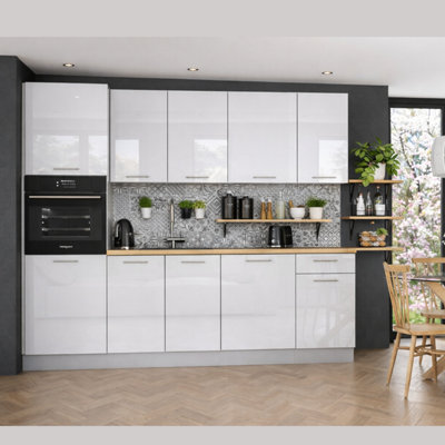 B&Q -  Kitchen Cabinets White Gloss Set 7 Units With Tall Oven Housing Soft Close Chrome Handles 240Cm Flat Pack Ella