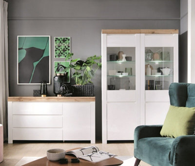 B&Q -  Lounge Set Leds 2 Glass Display Cabinets Sideboard White Gloss Oak Effect Holten
