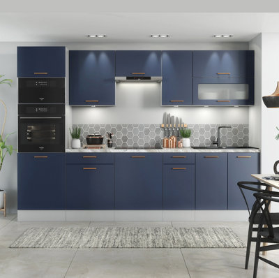 B&Q -  Kitchen Cabinets Set Complete 9 Units With Tall Oven Microwave Housing 300Cm Dark Navy Blue Cupboards Fitted Diy Package Nora