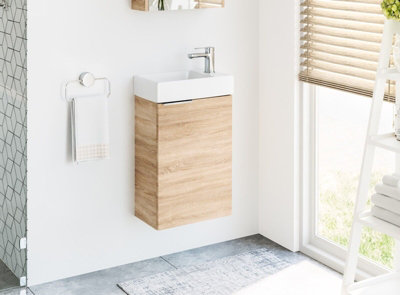 Impact Furniture Bathroom Vanity Unit Small Sink 400mm Cloakroom Cabinet Wall Hung Narrow Basin Sonoma Oak Avir from B&Q
