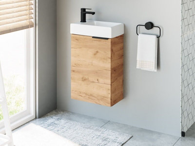 Impact Furniture Cloakroom Vanity Unit With Basin 400mm Small Sink And Bathroom Vanity Wall Hung Cabinet Oak Finish Slimline Narrow Avir from B&Q