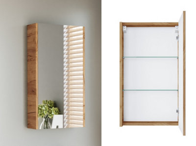 B&Q -  Bathroom Mirror Cabinet Mirrored Wall Unit 400mm Slimline Cupboard Oak Finish Narrow Storage Avir