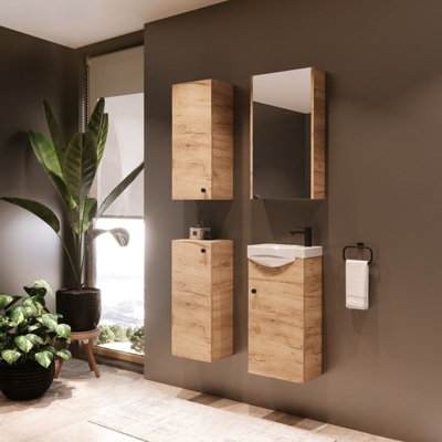 Impact Furniture Bathroom Cabinets Furniture Set Vanity Unit Mirror Wall Storage Oak Finish Avir