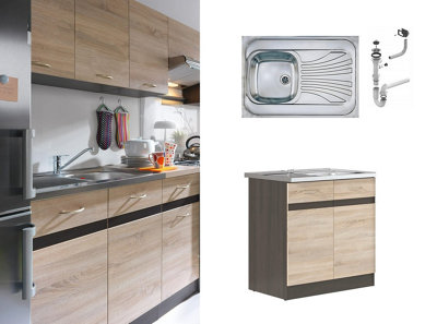 Impact Furniture Kitchen Sink And Base Unit All In One Complete 800mm Light Oak Cabinet With Sit On Sink 800 X 600 Stainless Steel Junona