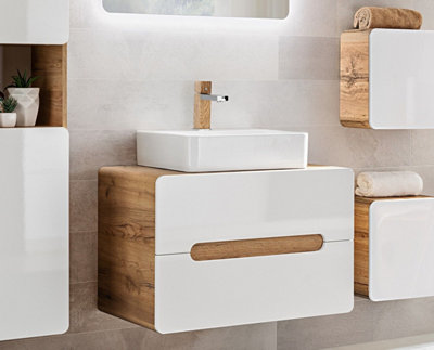 B&Q -  Wall Hang Vanity Unit Countertop 800mm Cabinet With Basin Bathroom Drawers White Gloss Oak Arub