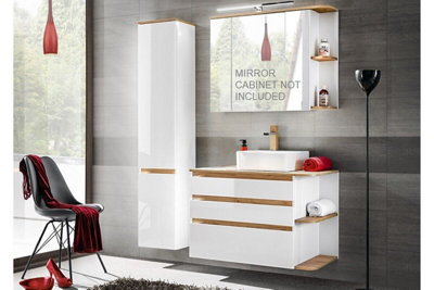 Impact Furniture Bathroom Furniture Set With Countertop Vanity Unit With Basin & Wall Tallboy Cabinet White Gloss Oak Plat