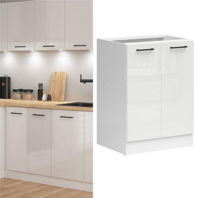 B&Q -  Kitchen Base Unit Cabinet 600mm Cupboard Chalk White Gloss Storage 2 Door Junona