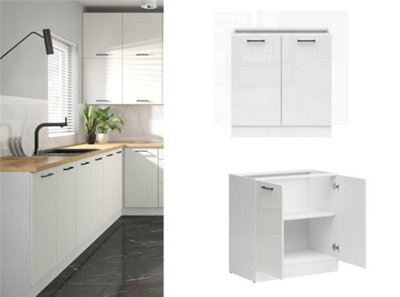 B&Q -  Kitchen Base Unit 800mm Cabinet 2 Door 80Cm Cupboard Chalk White Gloss Storage Freestanding Modular Junona