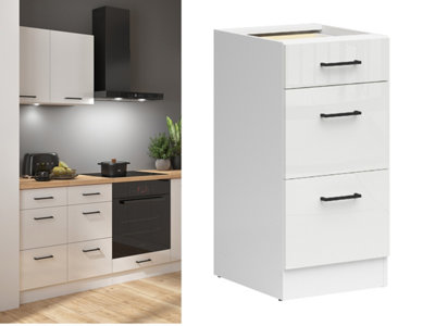B&Q -  Kitchen Drawer Unit Base Cabinet 400mm Cupboard Chalk White Gloss 3 Drawer Storage Junona