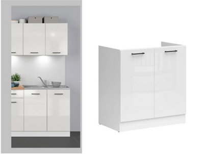 B&Q -  Under Sink Kitchen Cabinet 800mm Sink Unit 2 Door 80Cm Cupboard Chalk White Gloss Junona