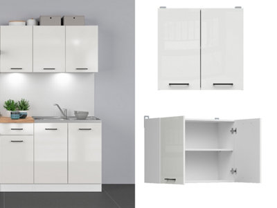 B&Q -  Kitchen Wall Cabinet Unit Cupboard 800mm Chalk White Gloss 2 Door Storage Modern Junona Budget Furniture
