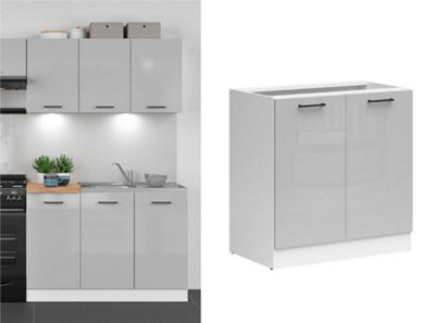 B&Q -  800mm Kitchen Base Unit Cabinet 2 Door 80Cm Floor Cupboard Light Grey Gloss Complete Fitted Diy Junona