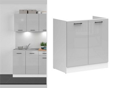 B&Q -  Under Sink Kitchen Cabinet 800mm Complete Fitted Sink Unit 2 Door 80Cm Cupboard Light Grey Gloss Junona