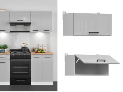 B&Q -  Kitchen Wall Unit 600mm Extractor Fan Housing Cabinet Light Grey Gloss Lift Up Half Height Door Bridging Cooker Hood Junona