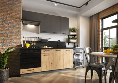  - Kitchen Cabinets Set 6 Units Cupboards Soft Close Oak And Dark Grey 180Cm Complete Kitchenette Storage Clara