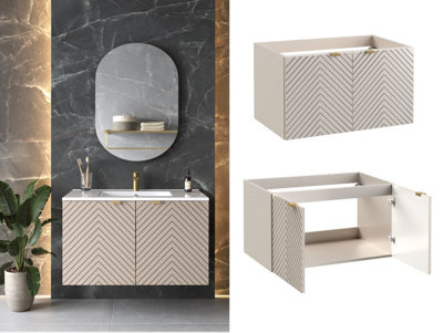 Impact Furniture Bathroom Vanity Unit 800mm Wall Hung Sink Cabinet Floating Fluted Cashmere Beige Doors Cara from B&Q