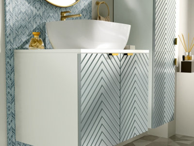 Impact Furniture Wall Hung Vanity Unit With Basin 600mm Bathroom Cabinet White Countertop Fluted Green Doors Cara from B&Q