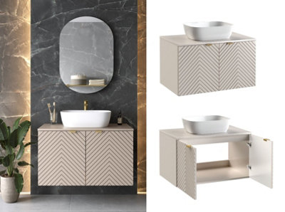 Impact Furniture Vanity Unit With Basin 800mm Wall Hung Bathroom Sink Cabinet With Countertop Worktop Fluted Beige Cashmere Cara from B&Q