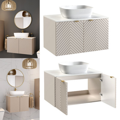 Impact Furniture Bathroom Vanity Unit With Sink 800mm Countertop Wall Hung Beige Cabinet Fluted Doors And White Worktop Cara from B&Q