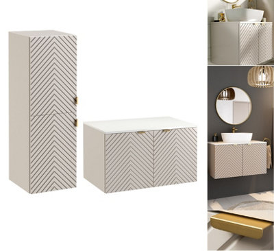 Impact Furniture Bathroom Furniture Set Wall Hung Cabinets Vanity Unit 800mm White Countertop Tallboy Beige Fluted Cara from B&Q