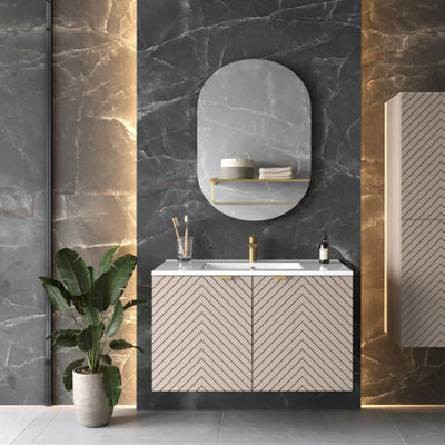 Impact Furniture Bathroom Vanity Unit With Sink Basin 800mm Modern Wall Hung Cabinet Herringbone Beige Cara from B&Q