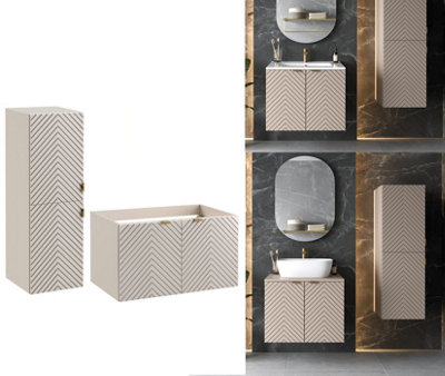 Impact Furniture Bathroom Furniture Set With 600mm Wall Hung Vanity Unit And Tallboy Storage Cabinet Fluted Beige Cara from B&Q