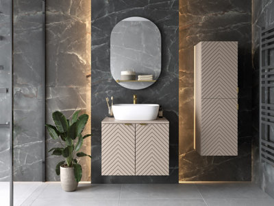 Impact Furniture Bathroom Furniture Set Wall Hung Cabinets 600mm Vanity Unit With Basin Countertop Tall Cabinet Beige Cashmere Fluted Cara from B&Q