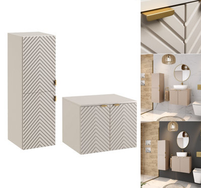 Impact Furniture Bathroom Furniture Set Wall Hung Vanity Unit With 600mm Worktop And Tallboy Tall Cabinet Cashmere Beige Ribbed Fluted Cara from B&Q