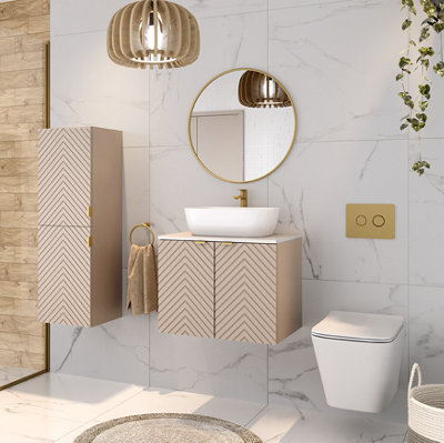 Impact Furniture Bathroom Furniture Set Wall Hung Vanity Unit With Basin 600mm Countertop Worktop And Tall Cabinet Beige Fluted Cara from B&Q