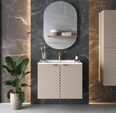 Impact Furniture Vanity Unit With Basin 600mm Wall Hung Bathroom Sink Cabinet Fluted Beige Cashmere Modern Cara from B&Q