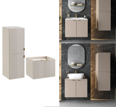 Impact Furniture Bathroom Furniture Set 600mm Wall Hung Vanity Unit With Tallboy Storage Cabinet Fluted Beige Cashmere Cara from B&Q