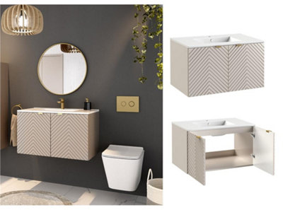 Impact Furniture Vanity Unit With Basin 800mm Bathroom Sink Cabinet Modern Wall Hung Fluted Beige Cashmere Cara from B&Q
