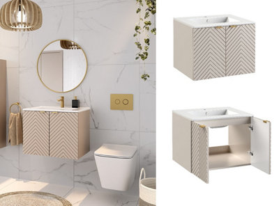 Impact Furniture Vanity Sink Unit With Basin 600mm Bathroom Wall Hung Cabinet Fluted Beige Cashmere Modern Cara from B&Q