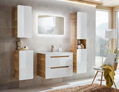 Impact Furniture Bathroom Furniture Set 800mm Vanity Unit With Sink And Wall Hung Cabinets White Gloss And Oak Aruba