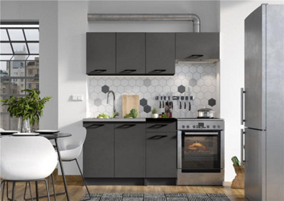 B&Q -  Kitchen Cabinets 5 Units Black Grey Complete Kitchenette Small Set 180Cm Diy Fitted Package With Worktop Lina