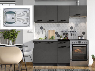 B&Q -  Kitchen Cabinets 5 Units Set With Sit On Sink Black Grey Complete Kitchenette 180Cm Diy Fitted Package With Worktop Lina