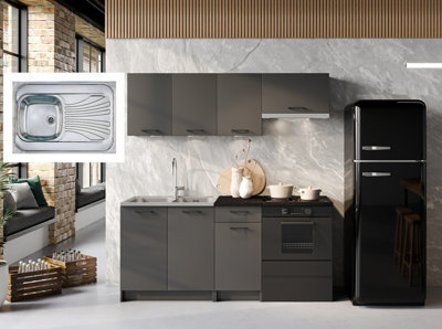 B&Q -  Kitchenette Kitchen Cabinets 5 Units With Sink Black Grey 180Cm Set Complete Fitted Package With Worktop Lina