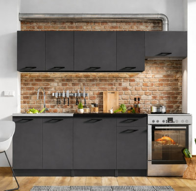 B&Q -  Kitchen Cabinets 7 Units Complete Fitted Kitchenette 240Cm Set Black Grey Lina