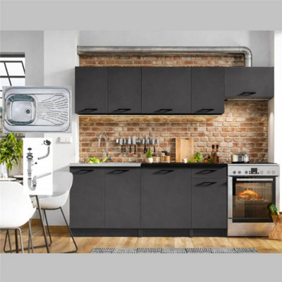 B&Q -  Kitchen Cabinets 7 Unit Complete With Sink Black Grey 240Cm Kitchenette Set Lina
